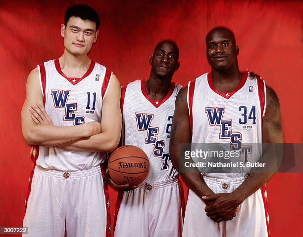 Yao Ming, Kevin Garnett and Shaquille O'Neal of the Western Conference All-Stars pose for a portrait on February 15, 2004 at Staples Center in Los...