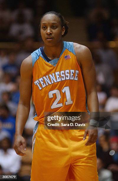 Loree Moore of the Tennessee Lady Vols looks on against the Duke Blue Devils during the game on January 24, 2004 at Cameron Indoor Stadium in Durham,...