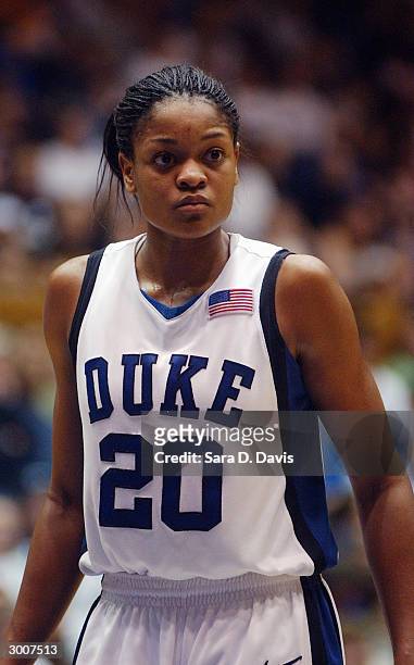 Alana Beard of the Duke Blue Devils looks on against the Tennessee Lady Vols during the game on January 24, 2004 at Cameron Indoor Stadium in Durham,...