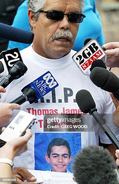 Aboriginal advocate Lyal Munro, speaks to the media prior to a march and rally in Redfern 24 February 2004, in memory of dead Aboriginal teenager...