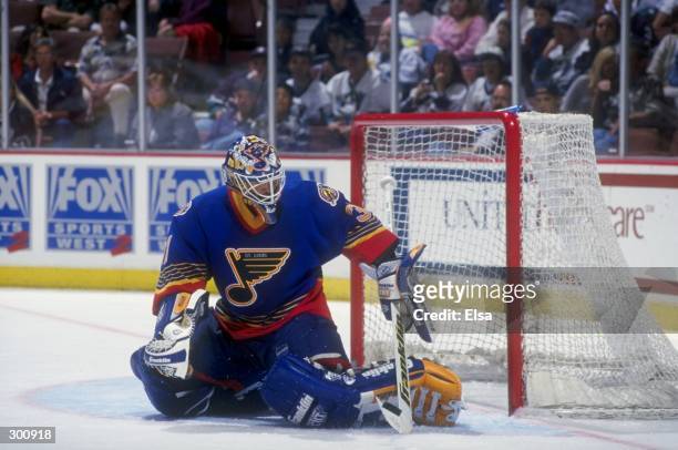 Goaltender Grant Fuhr of the St. Louis Blues in action during a game against the Anaheim Mighty Ducks at the Arrowhead Pond in Anaheim, California....