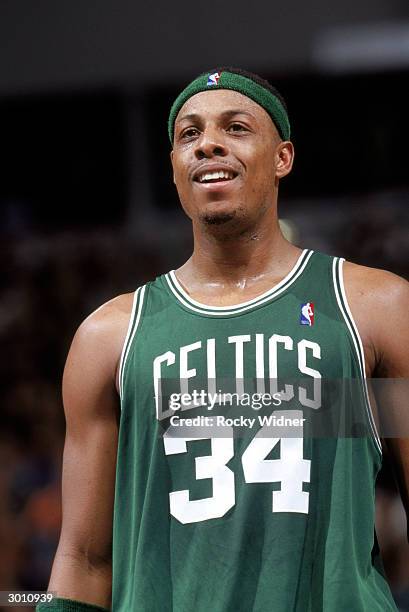 Paul Pierce of the Boston Celtics looks on during the game against the Sacramento Kings at Arco Arena on February 17, 2004 in Sacramento, California....