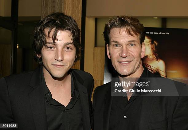 Actors Diego Luna and Patrick Swayze attend the Los Angeles premiere of "Dirty Dancing: Havana Nights" February 23, 2004 in Hollywood, California.