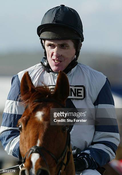 Jockey Tony McCoy comes into the winners enclosure on Jardin Fleuri after winning his first race on his comeback during The Corve Novices Selling...