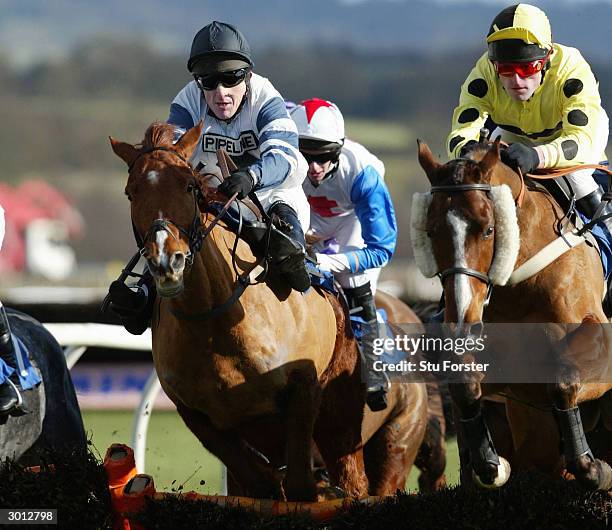 Jockey Tony McCoy comes over the fence on Jardin Fleuri on his way to winning his first race on his comeback during The Corve Novices Selling Hurdle...