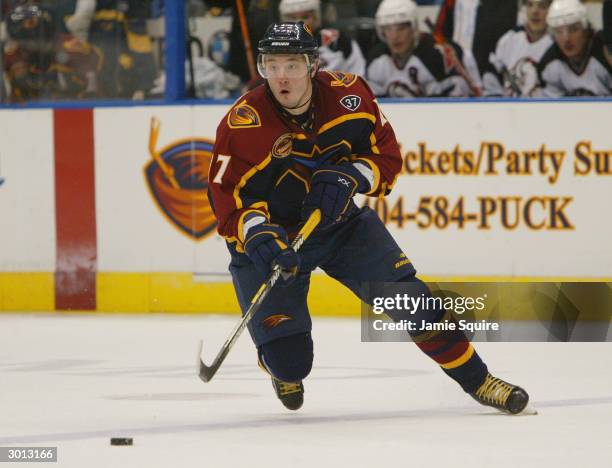 Ilya Kovalchuk of the Atlanta Thrashers skates after the puck during the game against the Buffalo Sabres at Philips Arena on January 20, 2004 in...