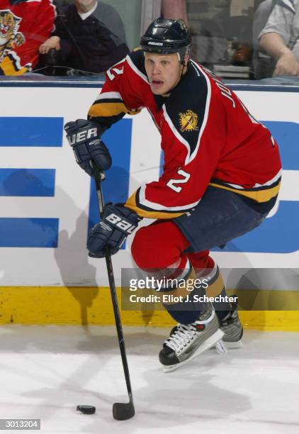 Center Olli Jokinen of the Florida Panthers advances the puck against the Montreal Canadiens during the game at the Office Depot Center on February...