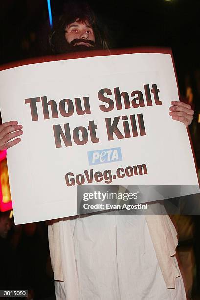 Members protest outside "The Passion of the Christ" movie opening at the Regal Cinemas 14, February 24, 2004 in New York City.