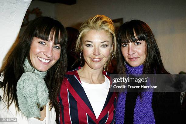 Tamara Beckwith poses with actress's Nikki Collins and Teena Collins at the Shizue handbag Oscar preview launch party hosted by Tamara Beckwith and...