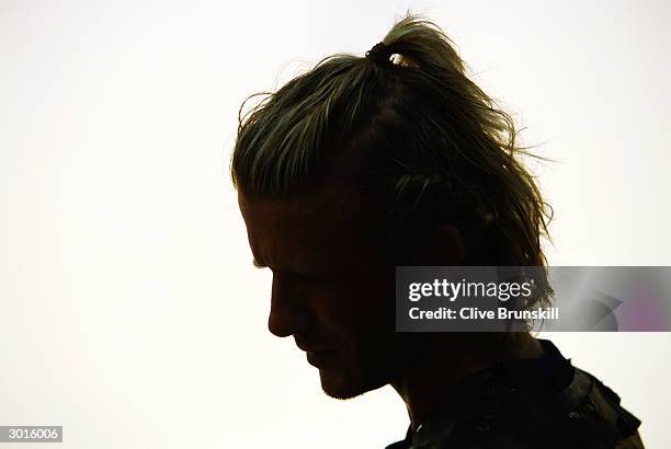 Silhouette of David Beckham taken on set during the making of the Pepsi football commercial 'Pepsi Foot Battle' held on July 4, 2003 in Madrid, Spain.