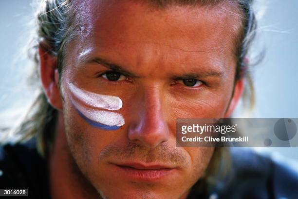 Portrait of David Beckham taken during the making of the Pepsi football commercial 'Pepsi Foot Battle' held on July 4, 2003 in Madrid, Spain.