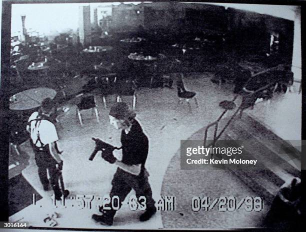 Columbine high school shooters Eric Harris and Dylan Klebold appear in this video capture of a surveillance tape released by the Jefferson County...