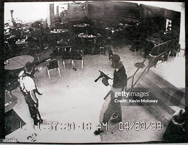 Columbine high school shooters Eric Harris and Dylan Klebold appear in this video capture of a surveillance tape released by the Jefferson County...