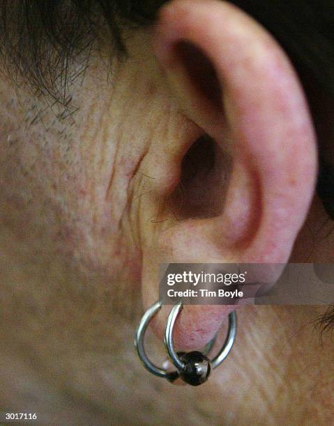 Two standard ear piercings are seen on the ear of co-owner Mike Cannella February 26, 2004 at Liberty Tattoo in Libertyville, Illinois. Professional...