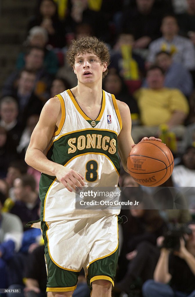 Luke Raptors Luke Ridnour of the Seattle Sonics moves the ball during the game ...