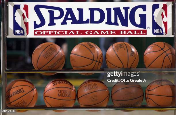 Rack of Spalding basketballs during the game between the Seattle Sonics and the Toronto Raptors at Key Arena on February 12, 2004 in Seattle,...