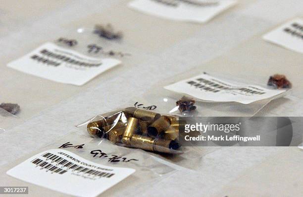Bag of 9mm shell casings are shown on display at the Jefferson County Fairgrounds February 26, 2004 in Golden, Colorado. Columbine students Eric...