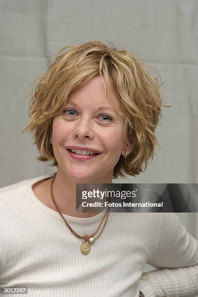 Actress Meg Ryan answers questions from the press at a junket for "Against The Ropes" at the Four Season Hotel on January 22,2004 in Los Angeles,...