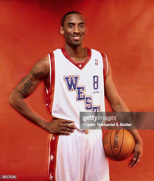 Kobe Bryant of the Western Conference All-Stars poses for a portrait prior to the 2004 All-Star Game on February 15, 2004 at Staples Center in Los...