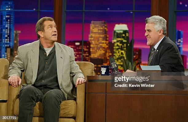 Actor Mel Gibson talks about his new movie "The Passion of The Christ" with Jay Leno at the Tonight Show with Jay Leno at NBC Studios on February 26,...