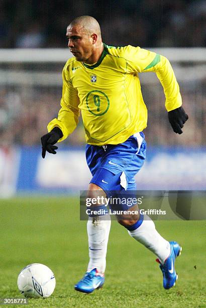 Ronaldo of Brazil runs with the ball during the International Friendly match between Republic of Ireland and Brazil held on February 18, 2004 at...