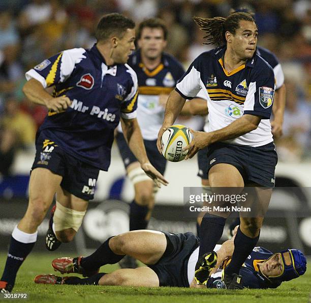 George Smith of the Brumbies in action during the second round Super 12 Rugby match between the Brumbies and the Cats at Canberra Stadium on February...