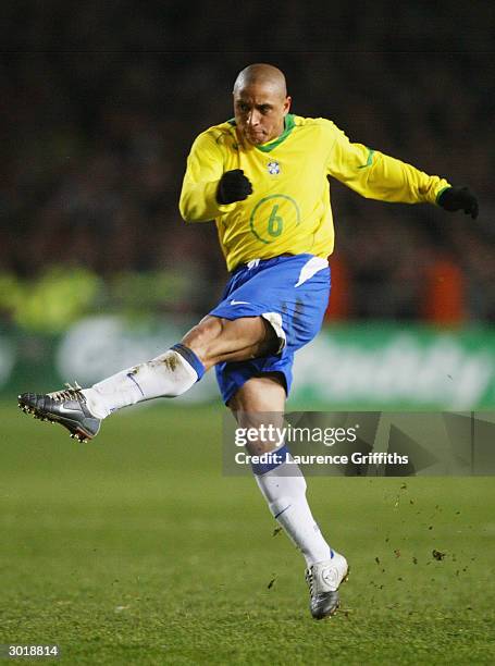 Roberto Carlos of Brazil powers home a shot at goal during the International Friendly match between Republic of Ireland and Brazil held on February...