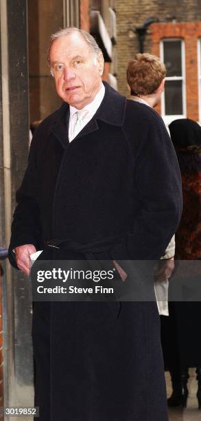 Actor Geoffrey Palmer arrives at the memorial service held in memory of Denni Quilley at St Paul's Church, Covent Garden, February 27, 2004 in London.