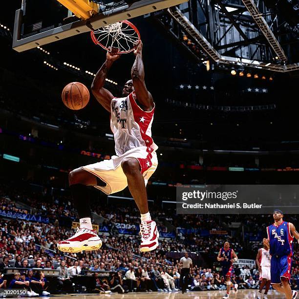 Shaquille O'Neal of the Western Conference All-Stars dunks against the Eastern Conference All-Stars during the 2004 All-Star Game on February 15,...