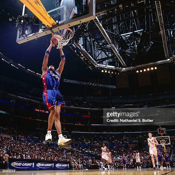 Jamaal Magloire of the Eastern Conference All-Stars dunks against the Western Conference All-Stars during the 2004 All-Star Game on February 15, 2004...