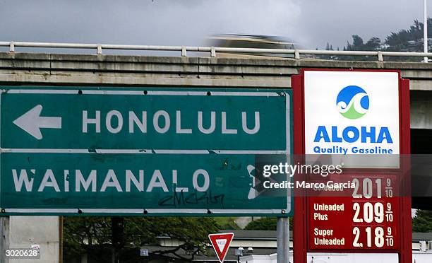 The Aloha gas station sign is seen near the H 1 Interstate on February 27, 2004 in the Kahala district of Honolulu. Gas prises are rising in Hawaii...