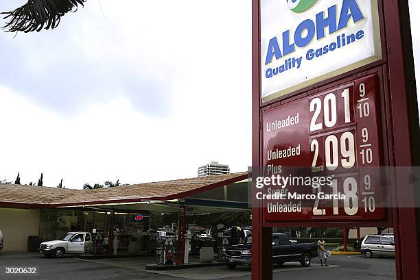 The Aloha gas station sign is seen near the H 1 Interstate on February 27, 2004 in the Kahala district of Honolulu. Gas prises are rising in Hawaii...