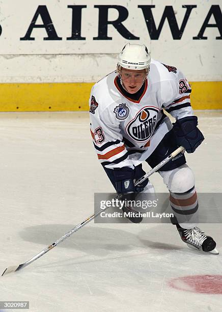 Ales Hemsky of the Edmonton Oilers pursues the play against the Washington Capitals during the game at MCI Center on January 11, 2003 in Washington,...