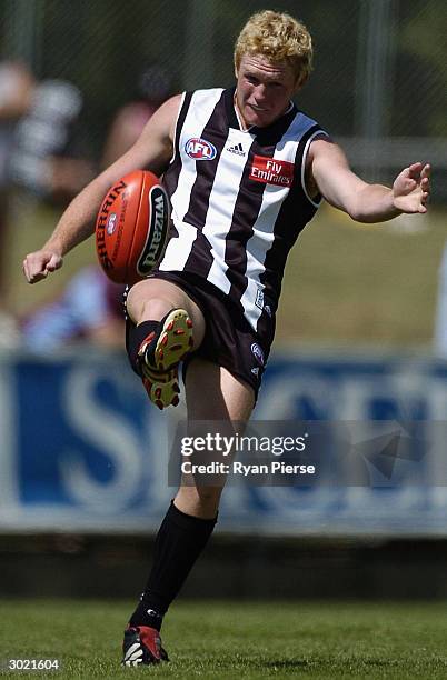 David King for the Magpies in action during the AFL Trial match between the Collingwood Magpies and the Sydney Swans at Jock McHail Stadium on...