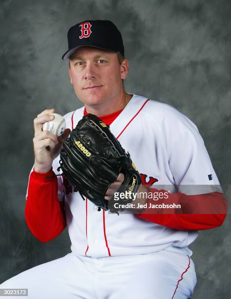 Curt Schilling of the Boston Red Sox poses for a portrait during Photo Day at their spring training facility on February 28, 2004 in Ft. Myers,...
