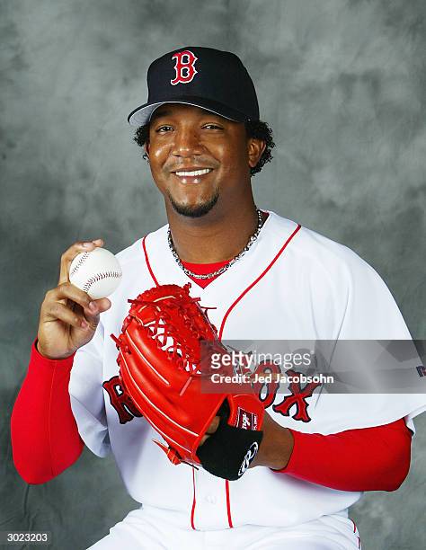 Pedro Martinez of the Boston Red Sox poses for a portrait during Photo Day at their spring training facility on February 28, 2004 in Ft. Myers,...