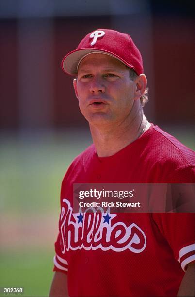 Outfielder Lenny Dykstra of the Philadelphia Phillies in action during a spring training game against the Cincinnati Reds at the Ed Smith Stadium in...