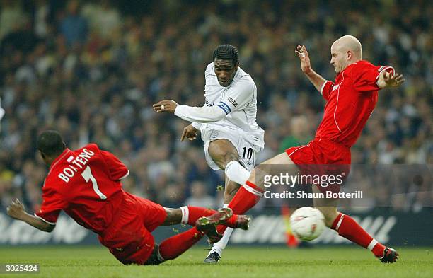 Jay Jay Okocha of Bolton Wanderers fires in a shot during the Carling Cup Final match between Bolton Wanderers and Middlesbrough at The Millennium...