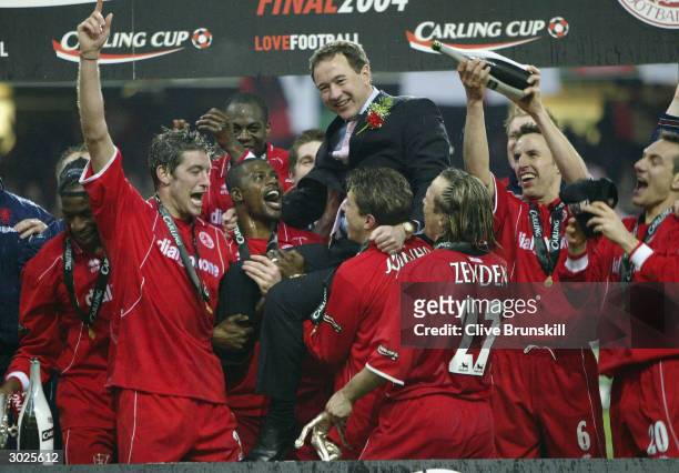 Middlesbrough players celebrate with Chairman Steve Gibson after their victory over Bolton Wanderers in the Carling Cup Final match between Bolton...