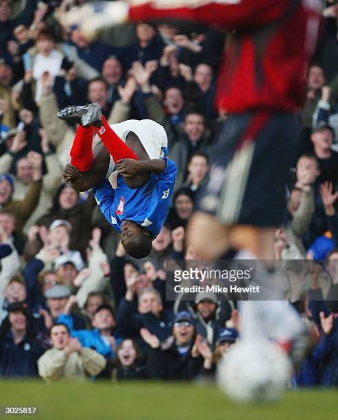 Lomana LuaLua of Portsmouth celebrates scoring his goal during the FA Barclaycard Premiership match between Portsmouth and Newcastle United at...