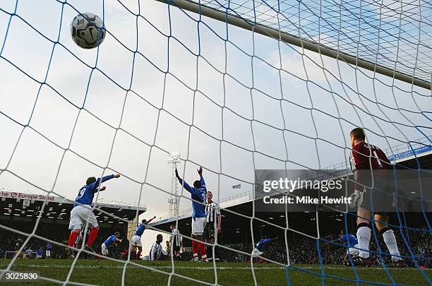 Lomana LuaLua of Portsmouth scores his goal during the FA Barclaycard Premiership match between Portsmouth and Newcastle United at Fratton Park on...