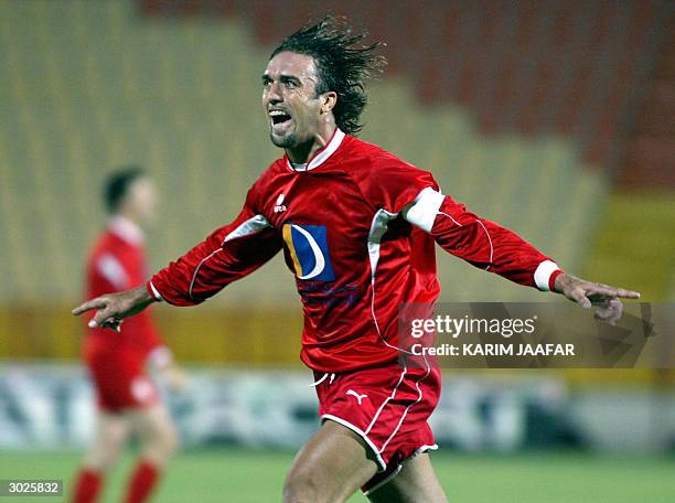 Argentinian Gabriel Batistuta of al-Arabi celebrates after scoring a goal against al-Sadd during their Qatari league match at al-Rayan stadium in...