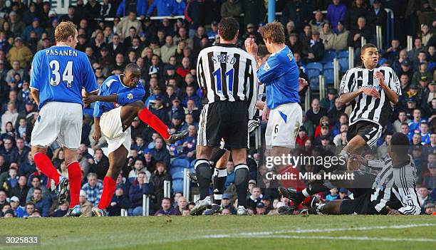 Lomana LuaLua of Portsmouth scores his goal during the FA Barclaycard Premiership match between Portsmouth and Newcastle United at Fratton Park on...