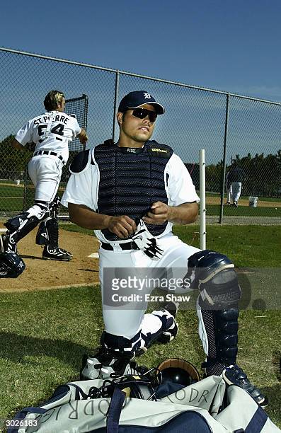 Catcher Ivan Rodriguez of the Detroit Tigers gets ready to practice on February 29, 2004 at the Tigers spring training complex in Lakeland, Florida.