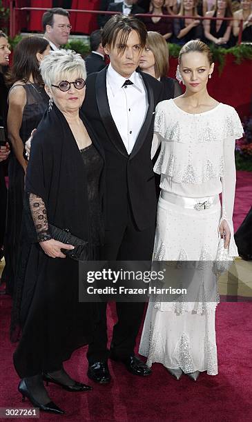 Actor Johnny Depp , mother Betty Sue Palmer and girlfriend Vanessa Paradis attend the 76th Annual Academy Awards on February 29, 2004 at the Kodak...