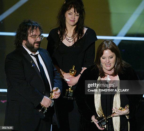 United States: Philippa Boyens accepts the Oscar for Best Adapted Screenplay with co-writers Director Peter Jackson and Fran Walsh during the 76th...