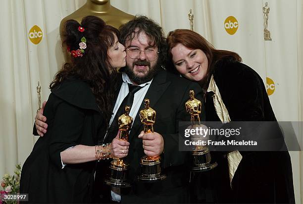 Writers Fran Walsh, Peter Jackson and Philippa Boyens, winners of Best Adapted Screenplay for "The Lord of the Rings; Return of the King" pose...