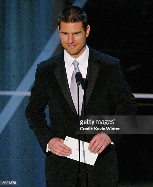 Actor Tom Cruise speaks on stage during the 76th Annual Academy Awards at the Kodak Theater on February 29, 2004 in Hollywood, California.