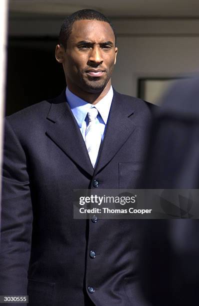 Los Angeles Lakers star Kobe Bryant leaves for lunch from the Eagle County Justice Center March 1, 2004 in Eagle, Colorado. Bryant is back in court...