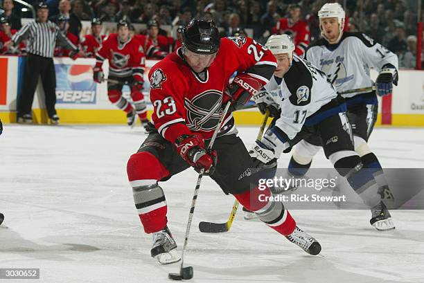 Center Chris Drury of the Buffalo Sabres controls the puck during the game against the Tampa Bay Lightning at HSBC Arena on February 20, 2004 in...